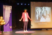 Dr. Nickson on stage giving her talk at EduTalks 2024